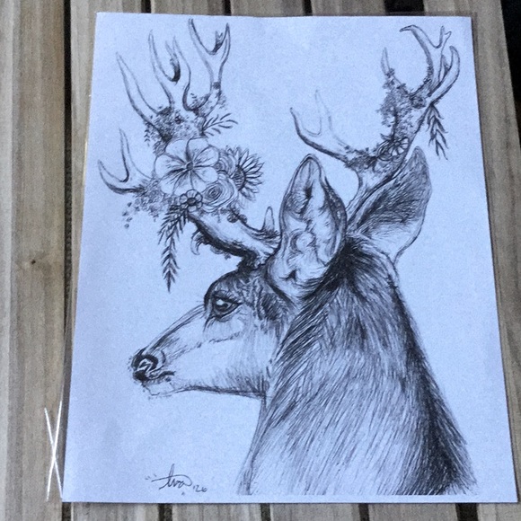 Other - Artisan print artwork deer floral whimsical Mother Nature cabin farmer’s market